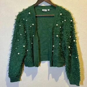 Mighty Fine Womens XL Loop Knit Green Pearl Cropped Cardigan Sweater Preppy‎